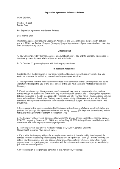 employment separation agreement template for company template