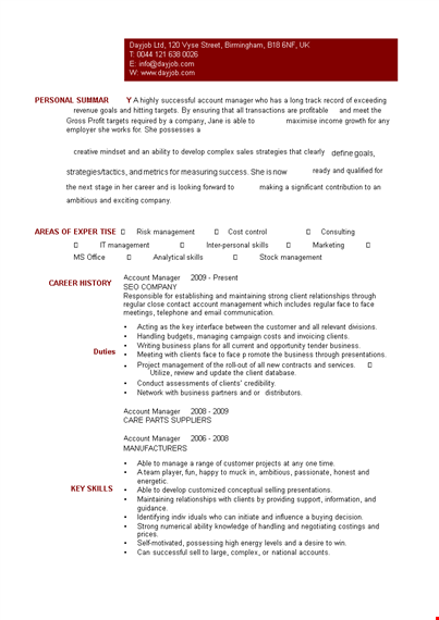 download account manager resume template template