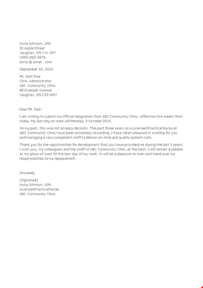 nurse week notice resignation letter template