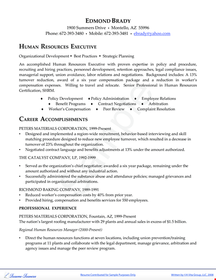 human resource executive resume | compensation, development & resources template