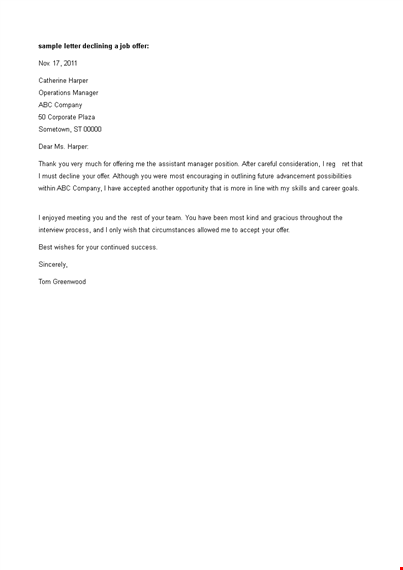 job offer decline letter template