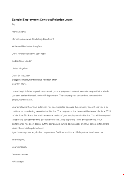 employment contract rejection letter template - customize & download template