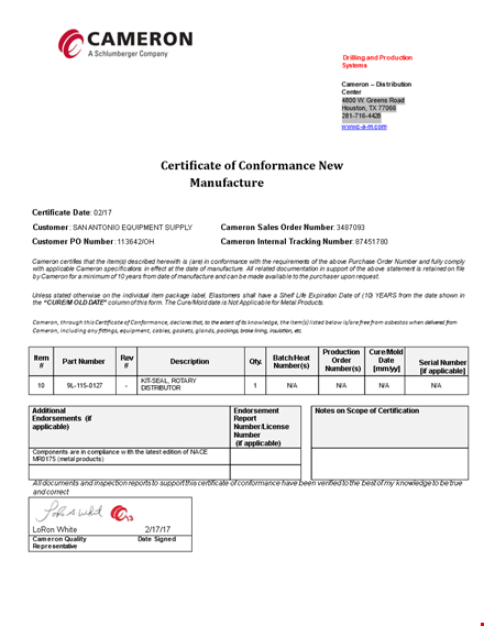 cameron certificate of conformance | applicable number template