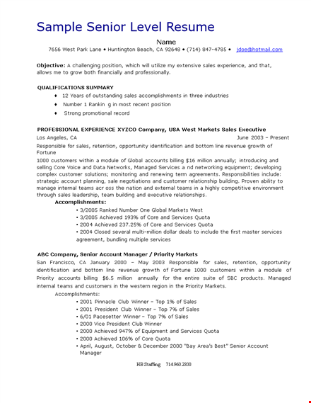 senior executive level resume template