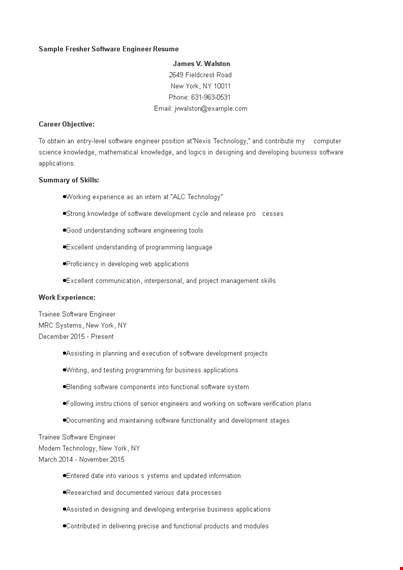 fresher software engineer resume template template