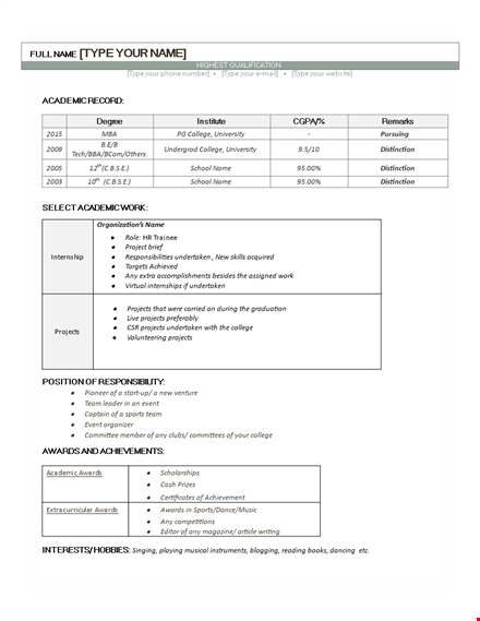 hr fresher resume sample download template