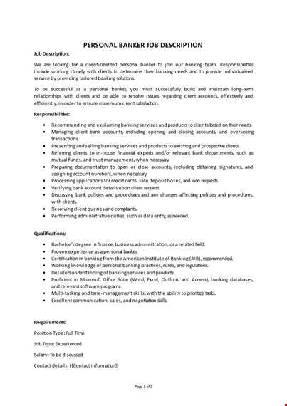 personal banker job description template