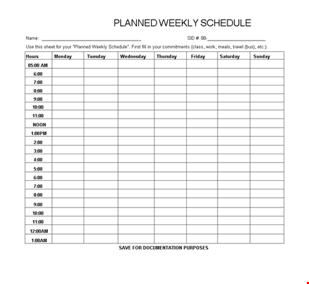 weekly planned schedule template excel template