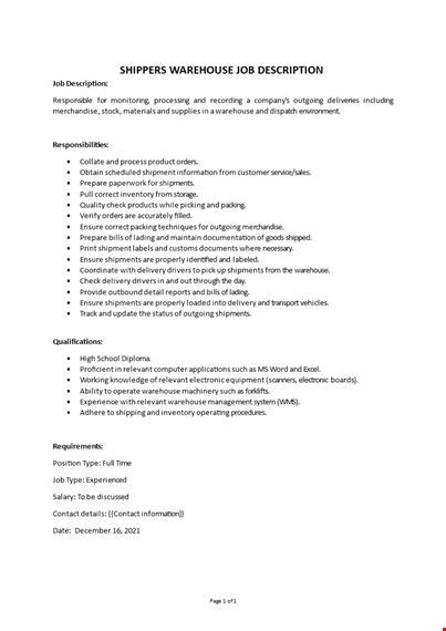 shippers warehouse job description  template