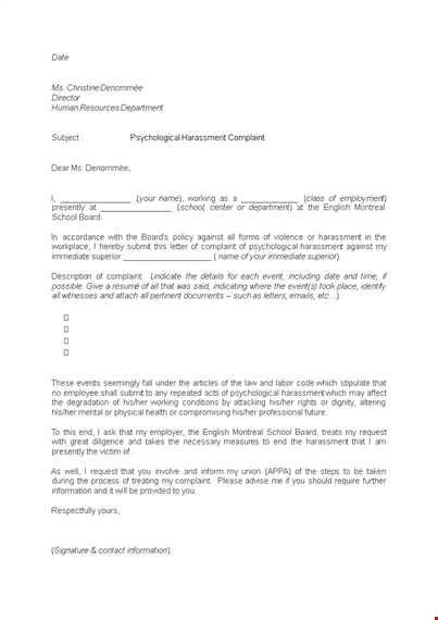 sample harrasement complaint letter template