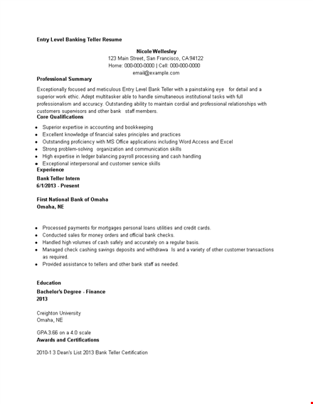 entry level banking teller resume template