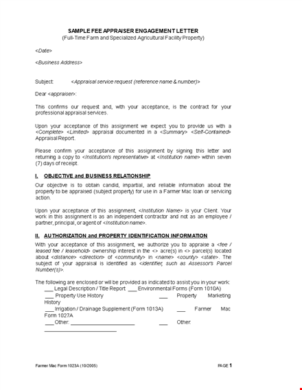 sample appraisal engagement letter for property reports and assignments | farmer template