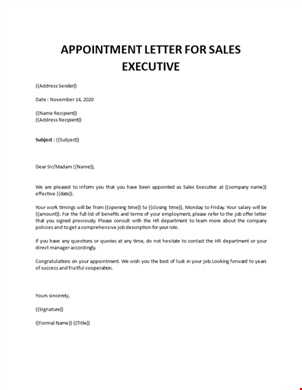 appointment letter for sales executive template