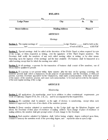 corporate bylaws - section on membership in grand lodge template