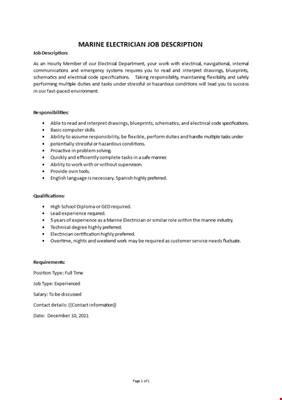 marine electrician job description template