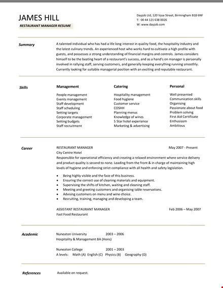 restaurant manager work resume template