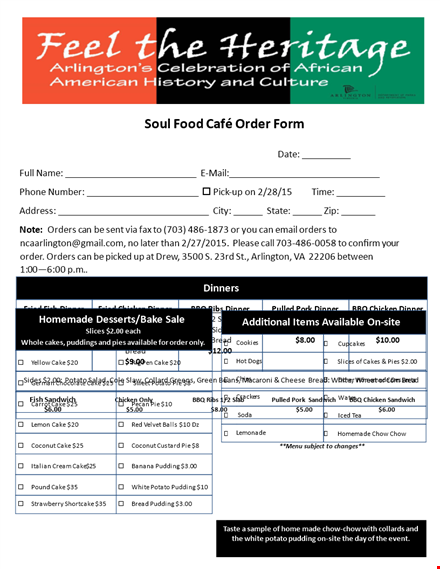 order form for dinner bake sale - sides, chicken, dinner, bread template