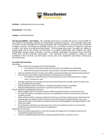 graduate admissions counselor job description | university recruiting | manchester template