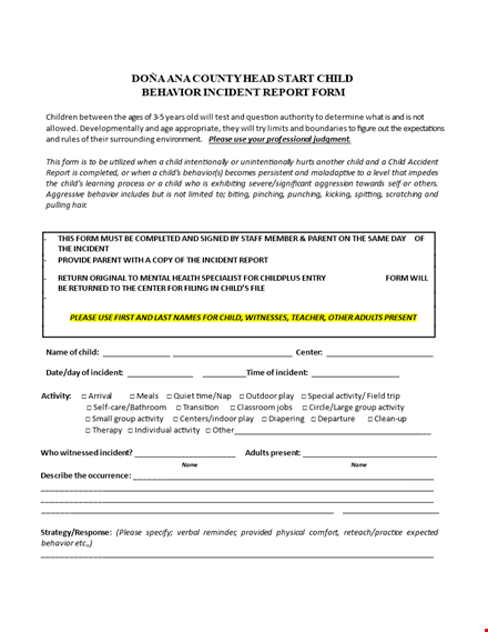 child behavior incident report form template template