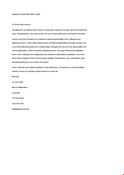college recommendation letter format | school, college, recommend anita as an outstanding student template
