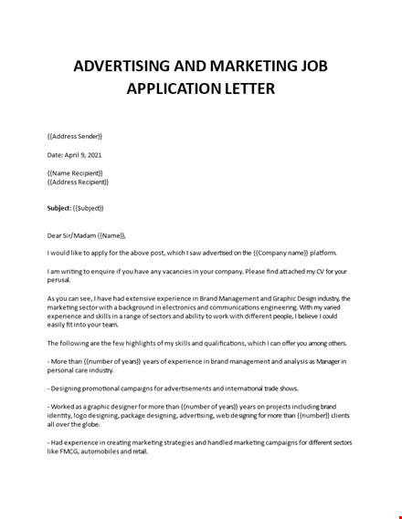 advertising and marketing job application letter template