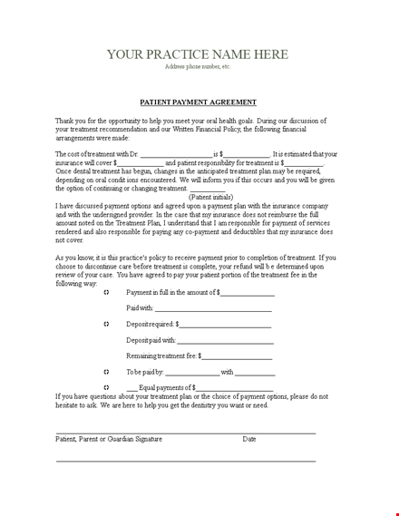 custom payment agreement template for patient treatment and insurance coverage template