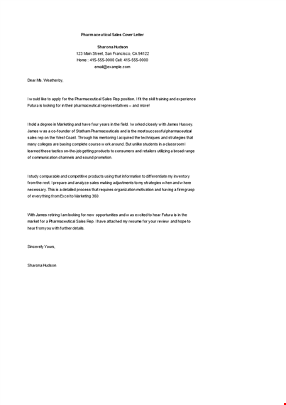 pharmaceutical sales cover letter example template