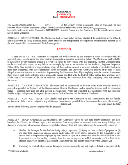 contractor hold harmless agreement template