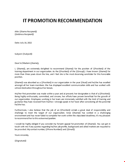 it promotion recommendation letter template