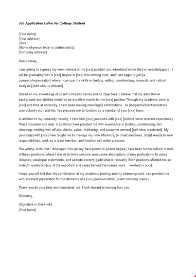 job application letter for college student template