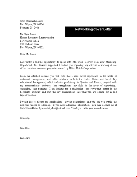 networking cover letter example - drive your success with wayne jones and hilton template