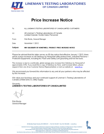 important notice: price increase for lineman and laboratories testing - effective immediately template