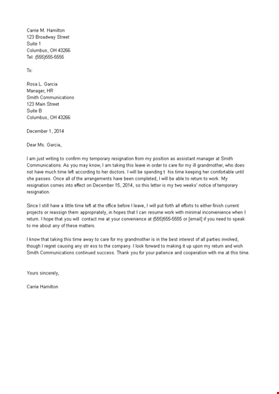 sample temporary resignation letter template