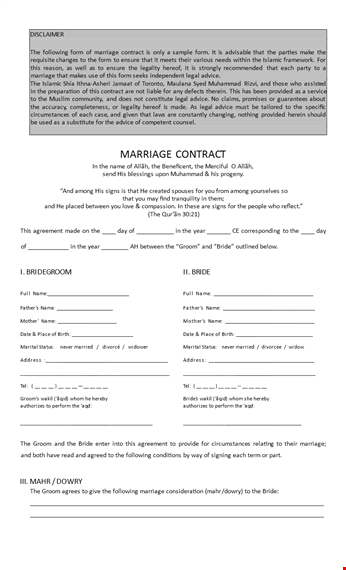 simple wedding contract template - a legal agreement for marriage, property, bride, and groom template