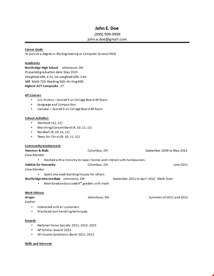 high school student resume template | johnstown | northridge template