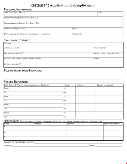 sample job application form for restaurant template