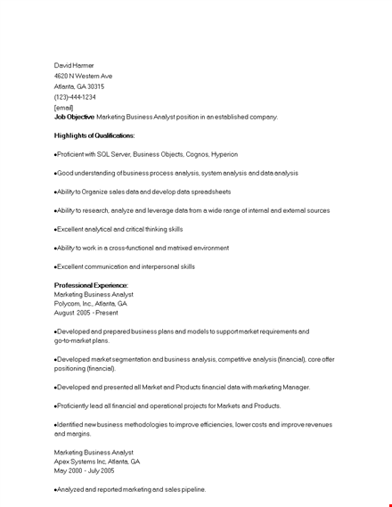marketing business analyst resume template