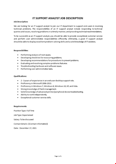 it support analyst job description template