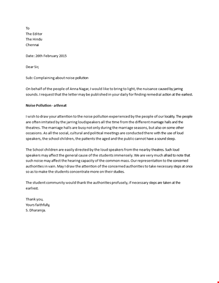 noise pollution complaint letter template