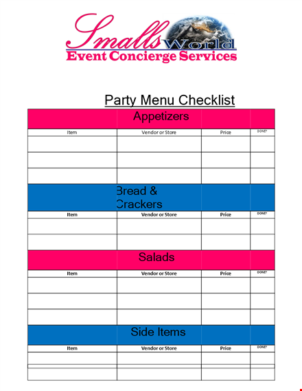 party menu checklist template template