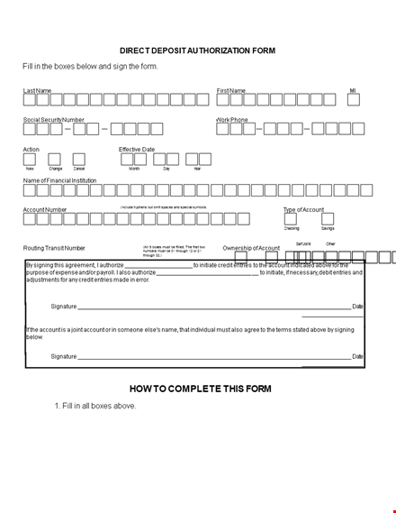 direct deposit authorization form template - simplify your account setup, entries, and boxes template