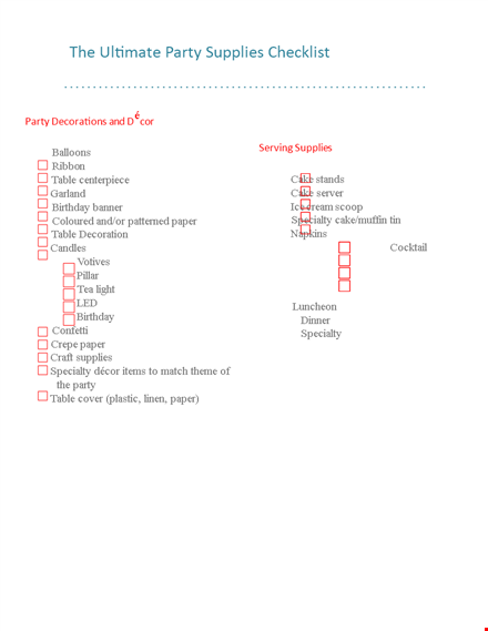 party supplies checklist - find the best plastic party supplies template