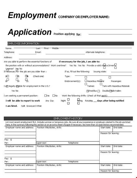 employment application template - fillable form for address & telephone template