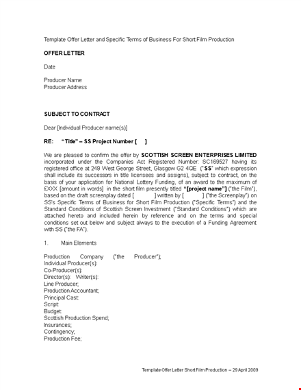 business contract offer letter for investment by scottish producer | screen expertise template