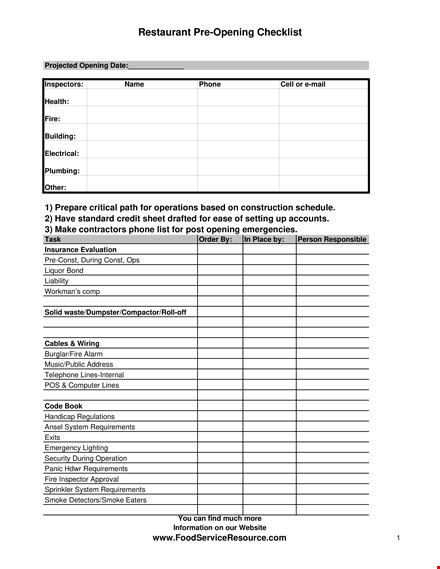 restaurant pre opening checklist template