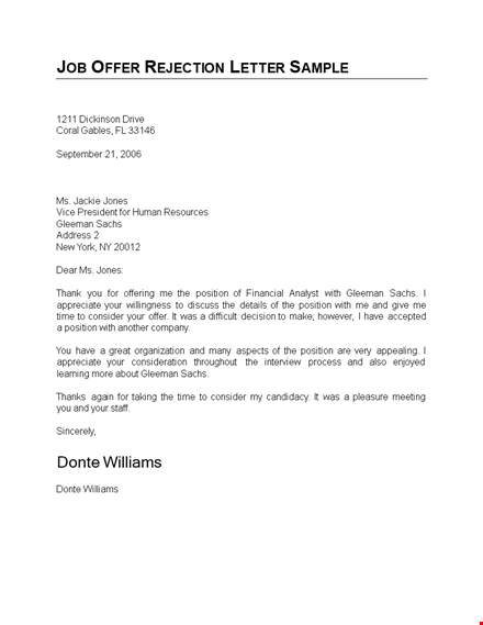 job offer refusal letter template