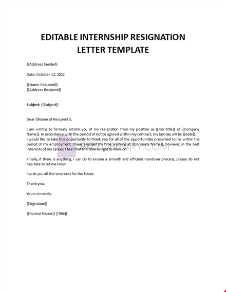 sample resignation letter for internship template