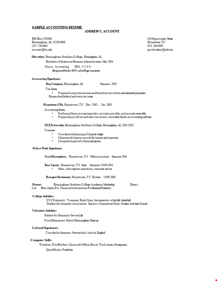 government accounting clerk resume - accounting college graduate from birmingham, hometown template