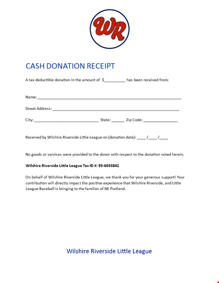 donate cash to support little league at wilshire riverside | donation cash template