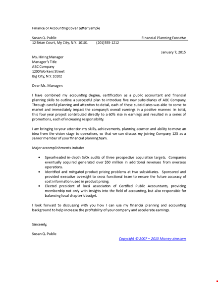 finance or accounting cover letter sample template